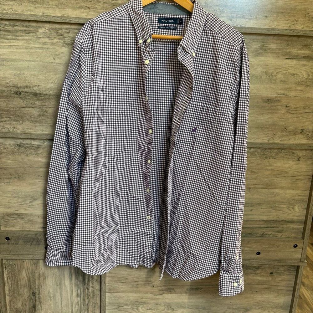 Nautica Plum Purple White Gingham Button Down Dress Shirt Pocket Classic Fit XXL
